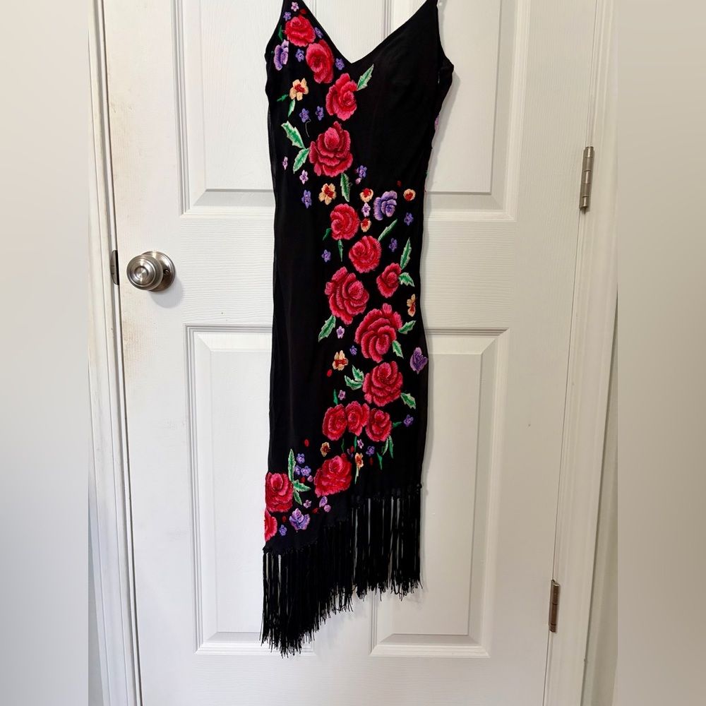 Sue Wong Black Dress with Red Floral Embroidery